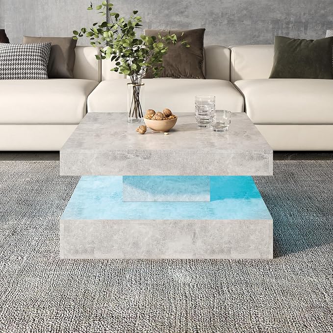 HedoAjim Grey LED Coffee Table for Living Room, Living Room Table 2-Tier Square - Image 6