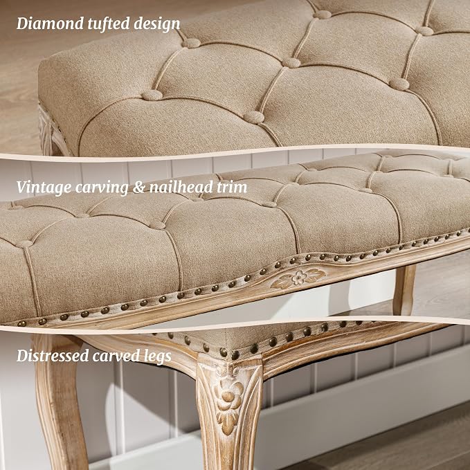 Cozyman Bedroom Bench, French Vintage Tufted Entryway Bench, 45.2" Carving - Image 4
