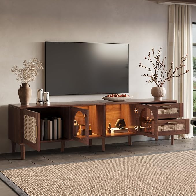 Merax Rattan TV Stand with LED Lights, Solid Wood Feet, Living Room, Bedroom - Image 4