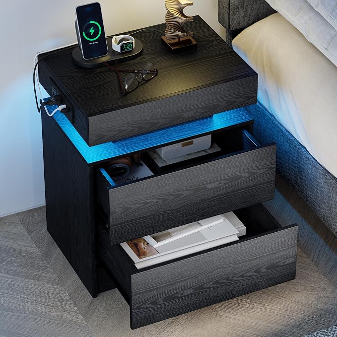 LIKIMIO Night Stand with Charging Station, Modern Black Nightstand with LED by LIKIMIO