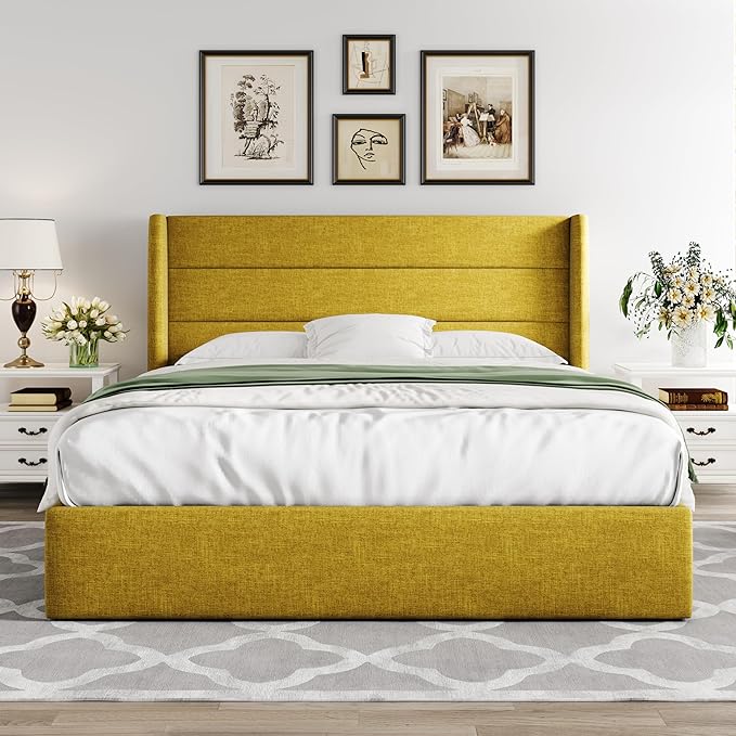 Allewie Full Size Lift Up Storage Bed, Modern Wingback Headboard, Hydraulic - Image 7