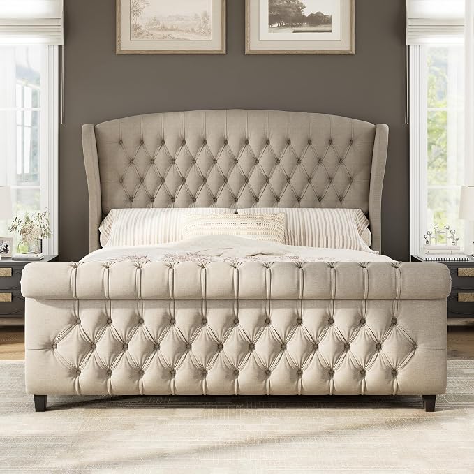 AMERLIFE King Size Platform Bed Frame, Linen Upholstered Sleigh Bed - Image 3