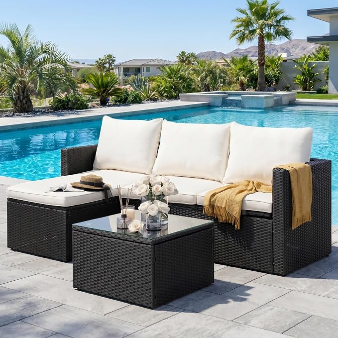 SUNLEI 3 Piece Patio Furniture Set, Outdoor PE Rattan Sectional Sofa Set by SUNLEI