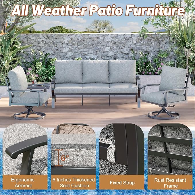 HOMREST Patio Furniture Sets 4 PCS Outdoor Metal Conversation Sets, 360 Degree - Image 5