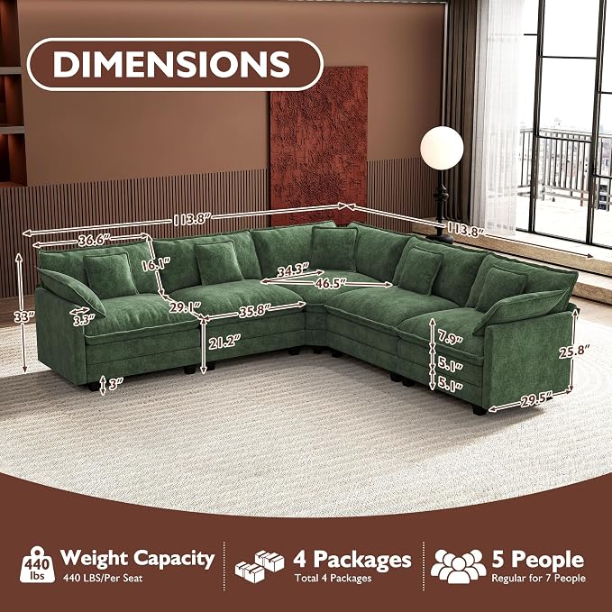 Ihanherry 114" V-Shaped Modern Sofa Modular Sectional Cloud Couch - Image 2