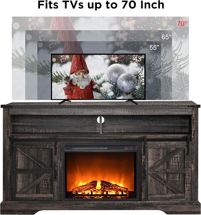 OKD Fireplace TV Stand for 65+ Inch TV, Rustic Media Console w/Sliding Barn - Image 5