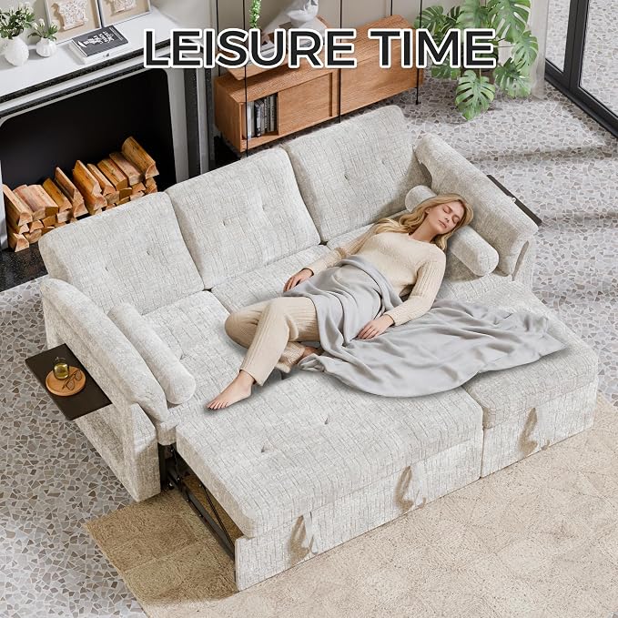 Convertible Sleeper Sofa Bed, 63 Inch Chenille Pull Out Couch - Image 6