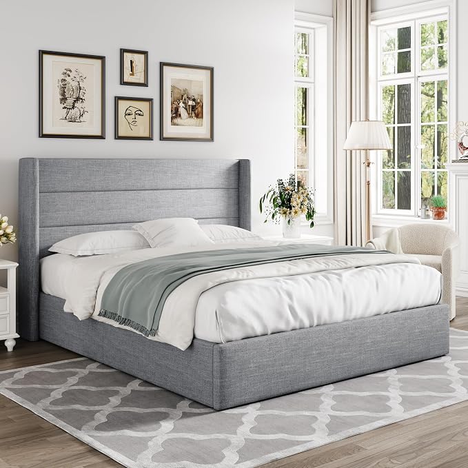 Allewie Full Size Lift Up Storage Bed, Modern Wingback Headboard, Hydraulic - Image 7