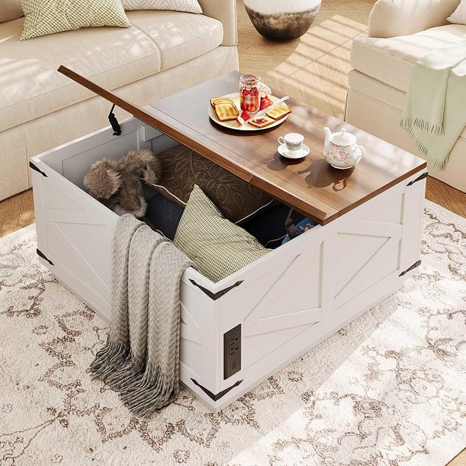Jocoevol Farmhouse Lift Top Coffee Table, Square Wood Center Table - Image 5