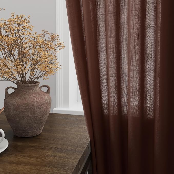 Nanspring Rustic Brown Linen Curtains Semi Sheer 96 Inches Long 2 Panels Set - Image 4