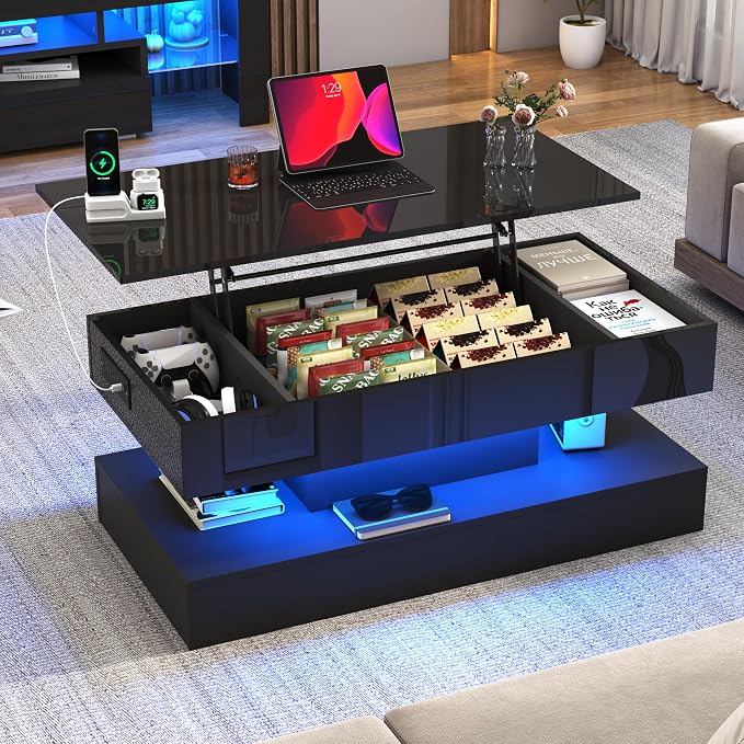 39.4" Large Lift Top Coffee Table, Modern High Glossy LED Coffee Tables - Image 9