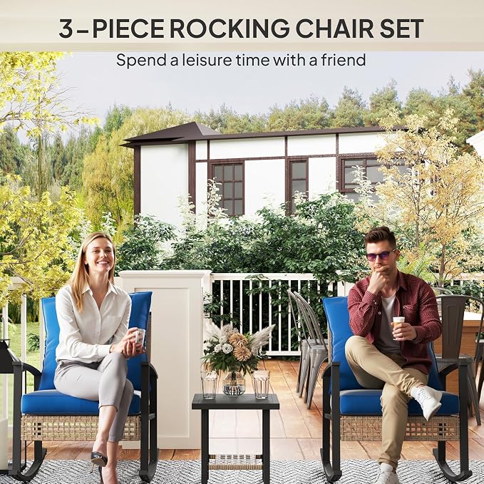 Outsunny 3 Pieces Rocking Wicker Outdoor Bistro Set, Rattan Patio Furniture Set - Image 3