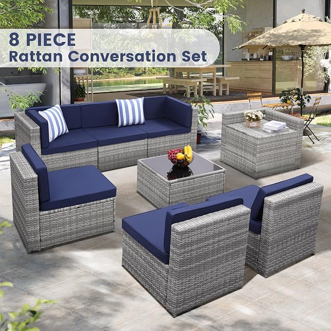 KROFEM 8-Piece Patio Furniture Set, Outdoor Wicker Rattan Sectional - Image 2