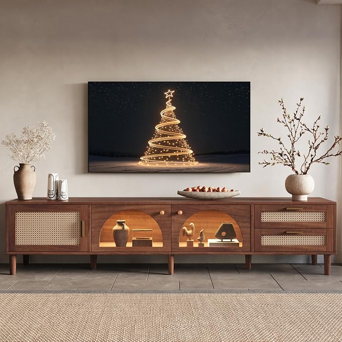 Merax Rattan TV Stand with LED Lights, Solid Wood Feet, Living Room, Bedroom by Merax