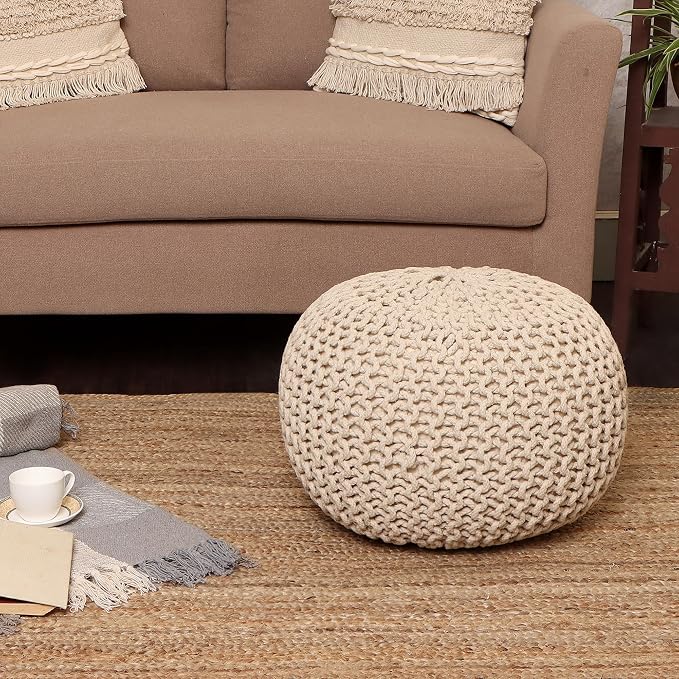 REDEARTH Round Pouf Ottoman –18"x18"x14" Hand-Knitted Cotton Pouffe –Cable - Image 2