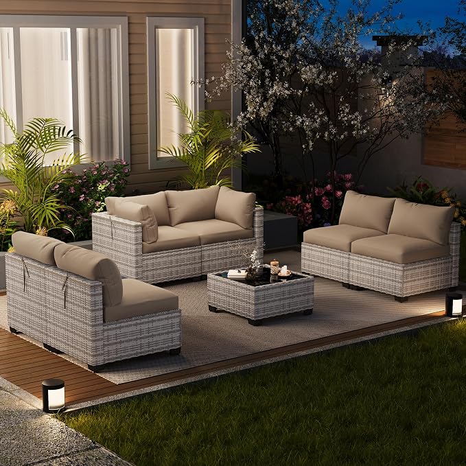 LOUVIXA 7 Piece Outdoor Patio Furniture Set, Outdoor Sectional Sofa, Wicker - Image 9