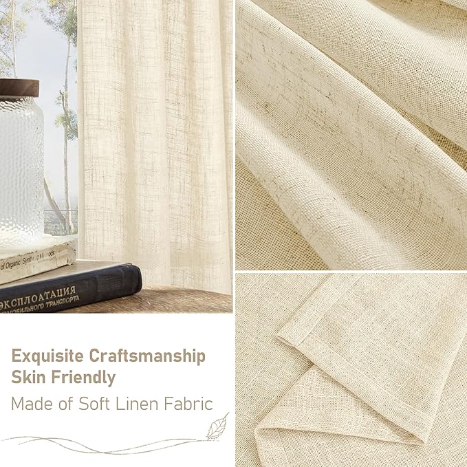 LAMIT Beige Linen Curtains 63 inches Long, Light Filtering Linen Textured Semi - Image 6