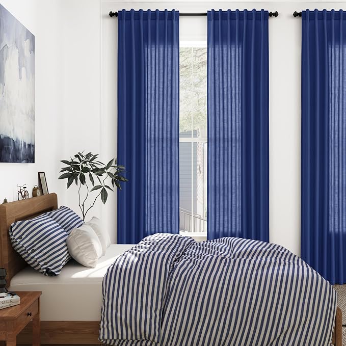 Nanspring Classic Blue Linen Curtains Semi Sheer 96 Inches Long 2 Panels Set - Image 7