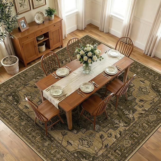 RELEANY Area Rugs Square 10ft Washable Non-Slip, Floral Vintage Distress Print by RELEANY