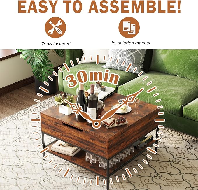 Farmhouse Coffee Table with Hidden Storage 32 in, Square Wood Living Room - Image 6