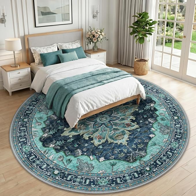 RELEANY Area Rugs Round 10ft Washable Non-Slip, Floral Vintage Distress Print - Image 2