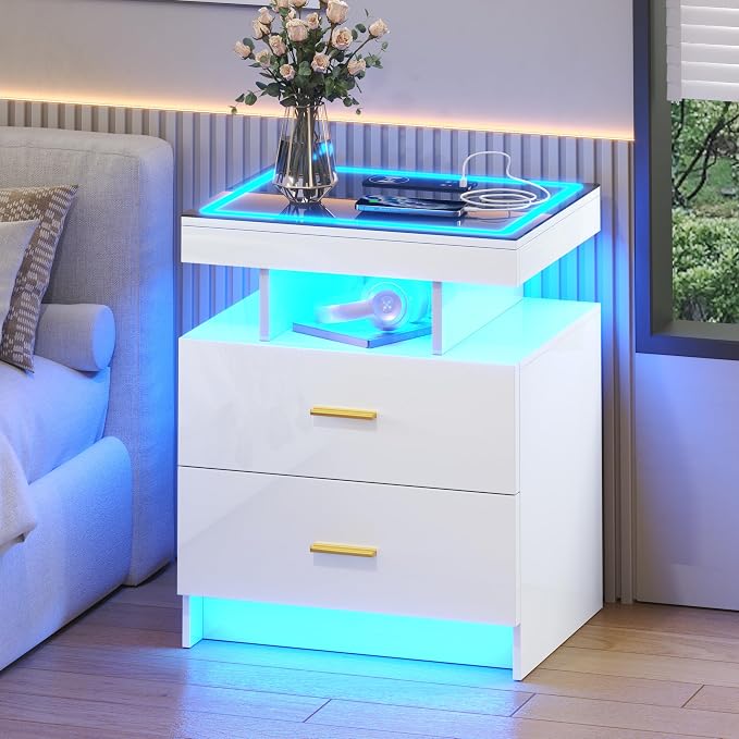LED Nightstand with Wireless Charging Station, Glass Top Smart Bedside Table - Image 8