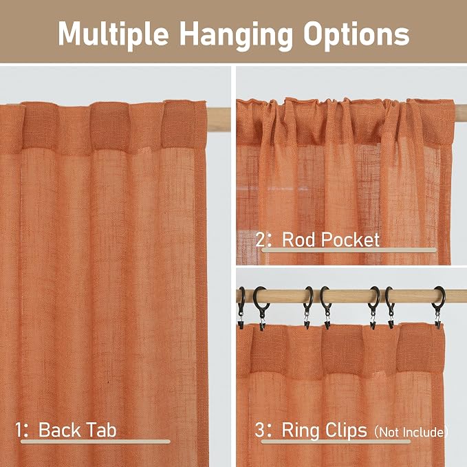 LAMIT Burnt Orange Linen Curtains 45 Inch Length 2 Panels, Light Filtering - Image 3