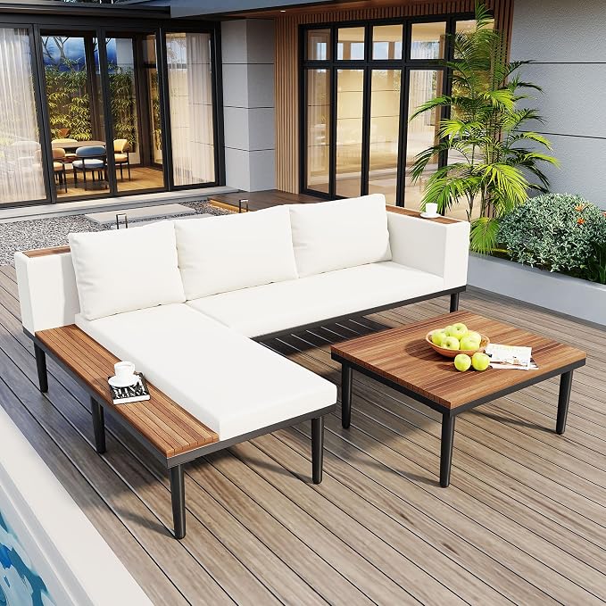VilroCaz Luxury Outdoor Patio Furniture Set, L-Shaped Acacia Wood Sectional Sofa - Image 3
