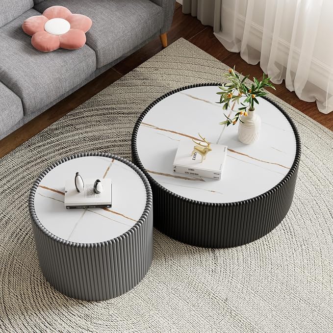 SSLine Round Drum Coffee Table Set of 2 Modern Sintered Stone Top Nesting - Image 4