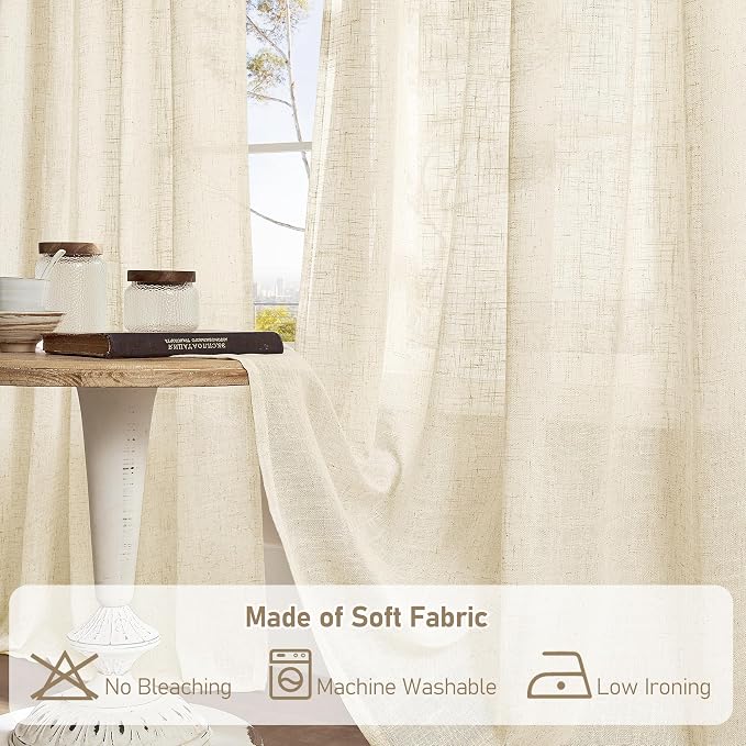 LAMIT Beige Linen Curtains 63 inches Long, Light Filtering Linen Textured Semi - Image 8