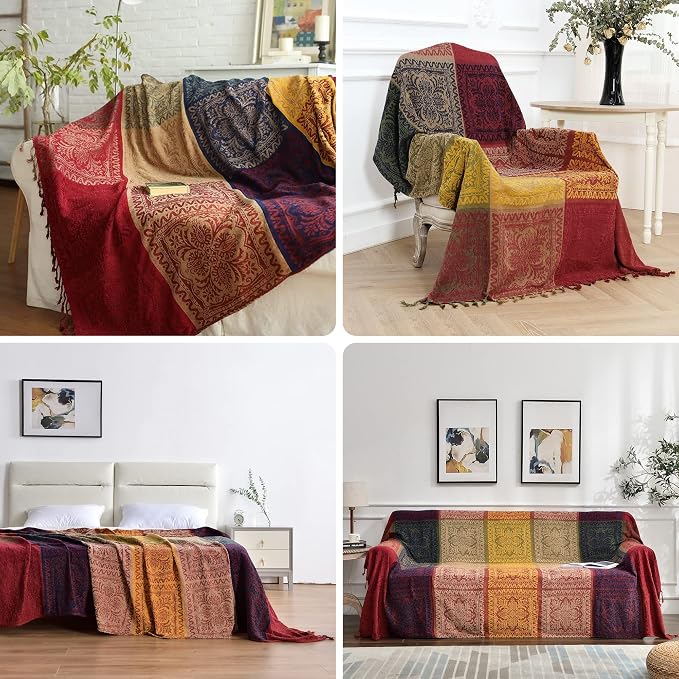 Boho Throw Blanket, Chenille Jacquard Tassels Throw Blankets - Image 4
