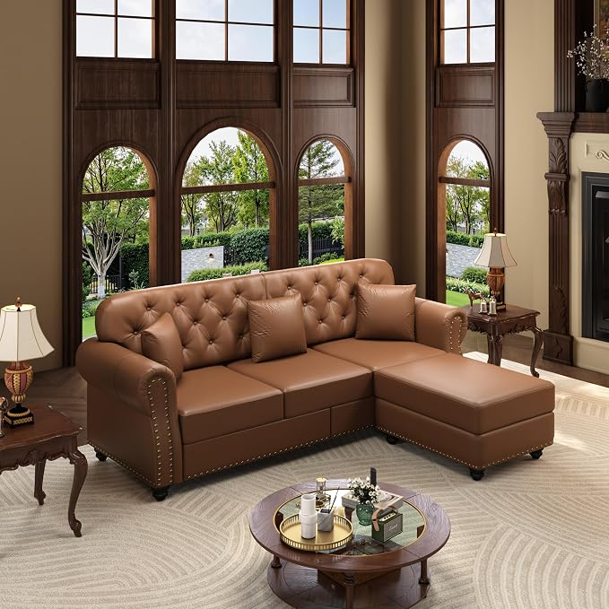 KEIKI 83" Faux Leather Chesterfield Sofa - Image 3