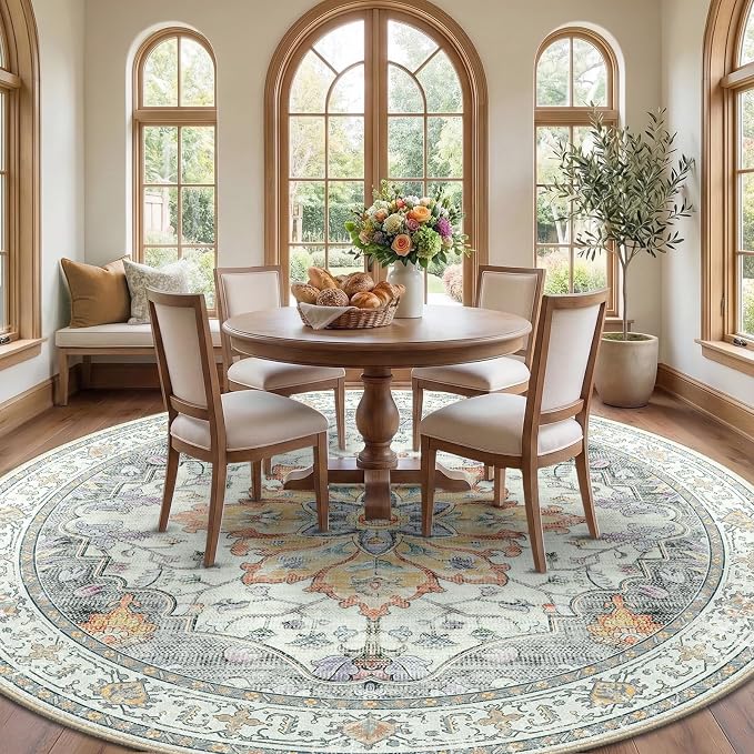 RELEANY Area Rugs Round 10ft Washable Non-Slip, Floral Vintage Distress Print - Image 3