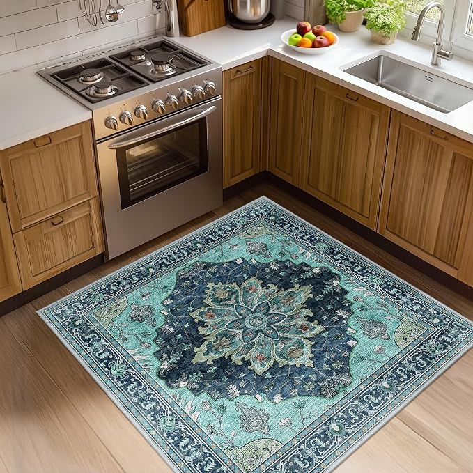 RELEANY Area Rugs Square 4ft Washable Non-Slip, Floral Vintage Distress Print by RELEANY