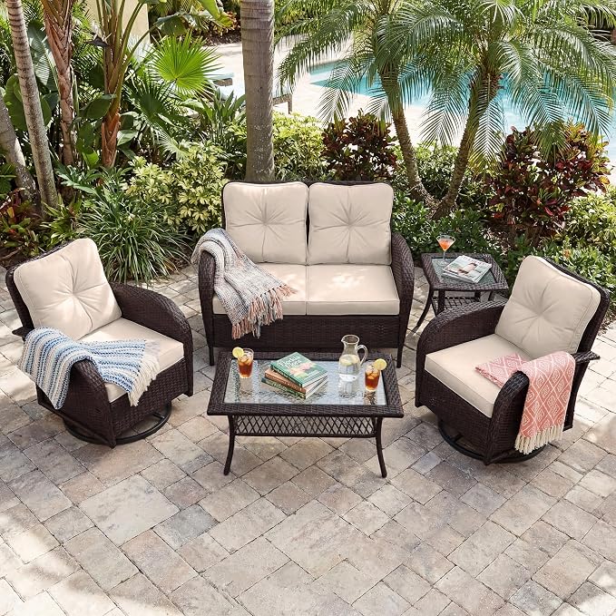 UPHA 5 Pieces Patio Furniture Sets, Wicker Outdoor Loveseat Sofa Set - Image 5