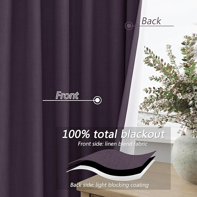 Plum 100% Blackout Linen Curtains 90 Inch Length 2 Panels Set - Image 4