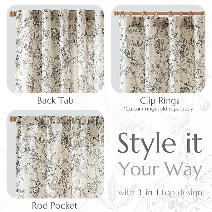 jinchan Floral Curtains 63 Inch Length Black Flower Linen Farmhouse Curtain - Image 5