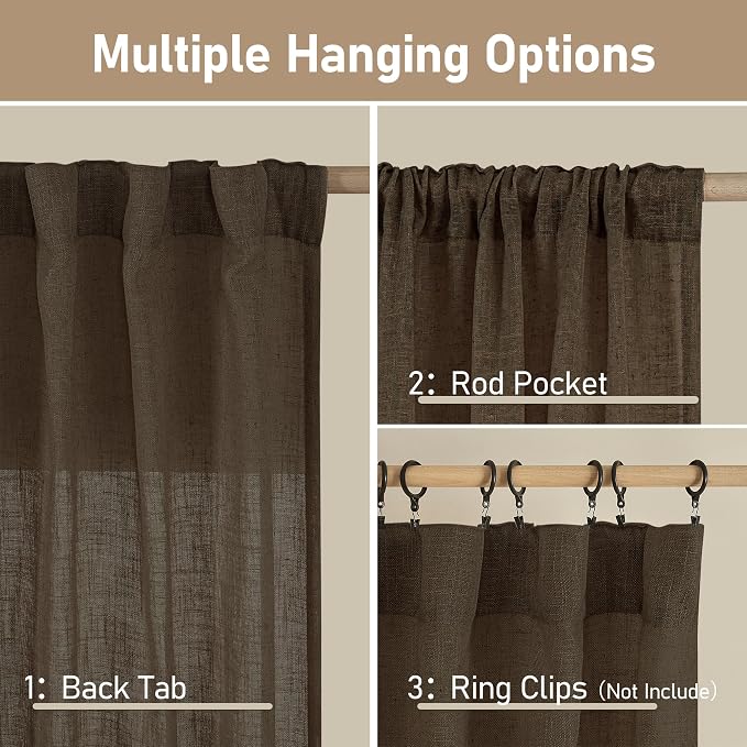 LAMIT Dark Brown Sheer Linen Curtains, 102 inch Light Filtering Semi Sheer - Image 3