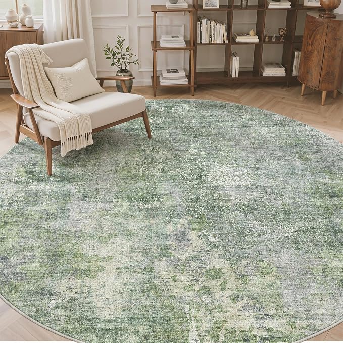 8x8 Green/Ivory Round Rug 8ft Living Room Circle Rug Vintage Round Area Rug Non - Image 4