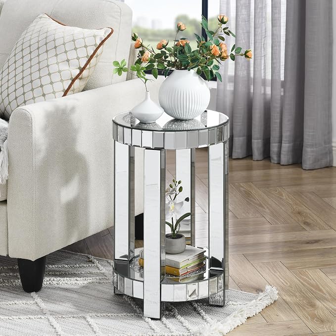 Mirrored Round End Table with Crystal, 2-Layer Modern Small Sofa Table with by HEPMIMZHU