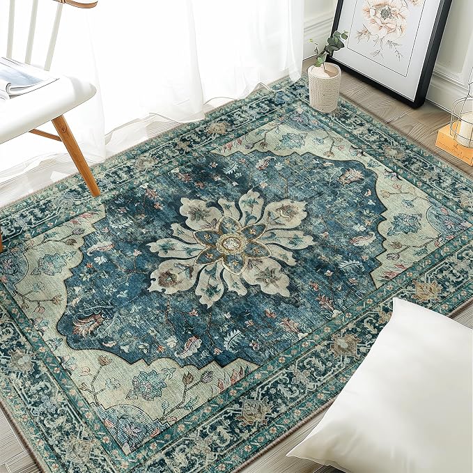 RELEANY Area Rugs 3'x4' Washable Non-Slip, Floral Vintage Distress Print by RELEANY