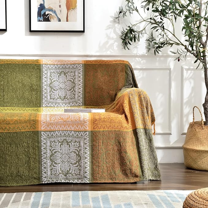 Boho Sofa Cover, Bohemian Throw Blanket Tassels Hippie Decor Covers Couch Chair by Bofree