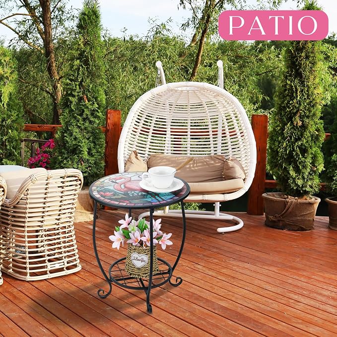 Cinnvoice Outdoor Side Table Round Small Mosaic Patio Accent Indoor End Plant - Image 2