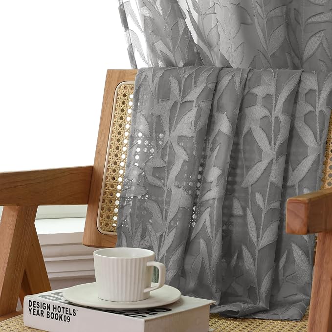 Lecloud Leia Charcoal Grey Sheer Curtains 120 Inches Long 2 Panels, Jacquard - Image 5