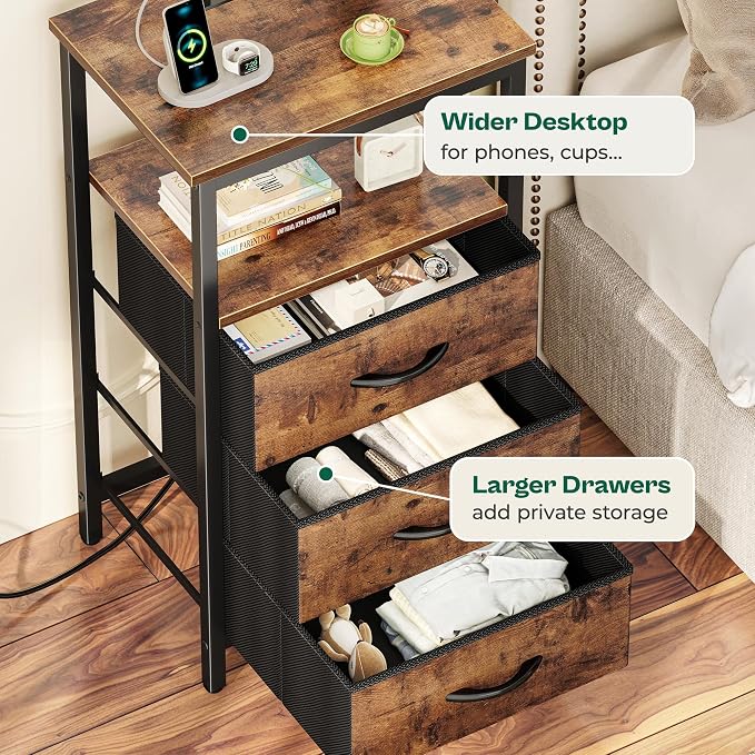 Huuger Night Stand with Charger Station and LED Lights, 3 Drawer Nightstand - Image 7