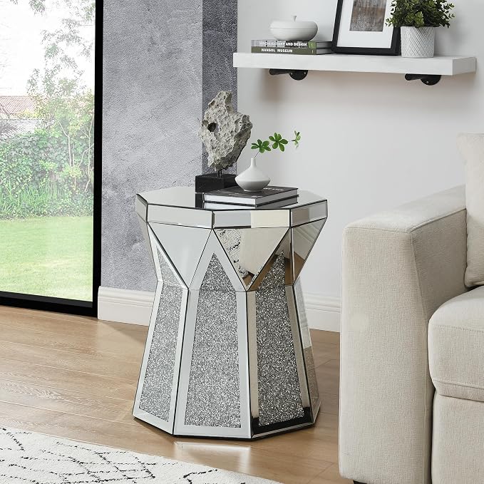 Drum End Table with Mirror Crystal, Modern Design Luxury Furniture, 20 inch by HEPMIMZHU