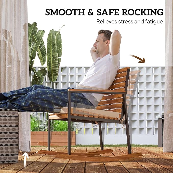 Outsunny Outdoor Rocking Chair Set of 2, Acacia Wood Outdoor Rockers - Image 3