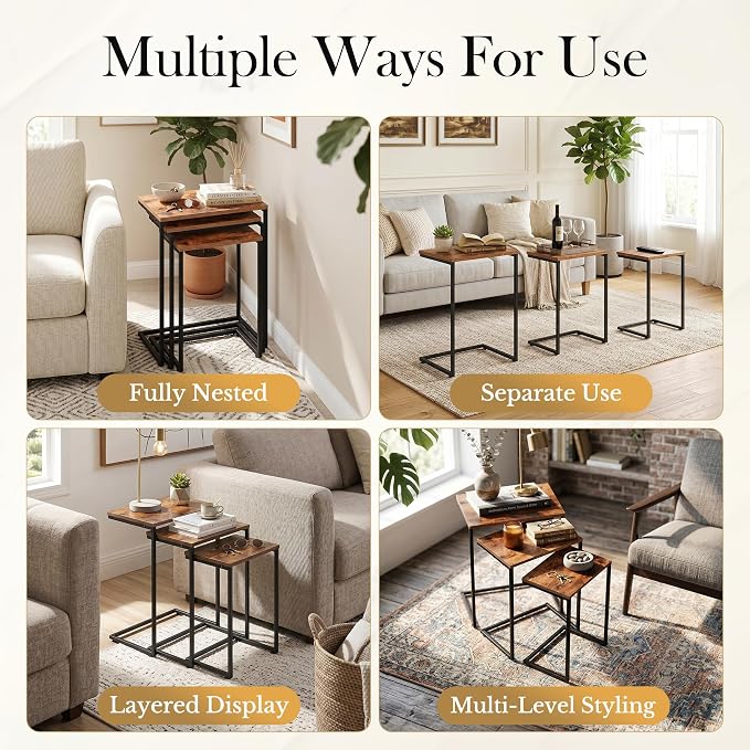 SUPER DEAL Nesting Tables Set of 3, Industrial C Shaped End Table Stackable - Image 4