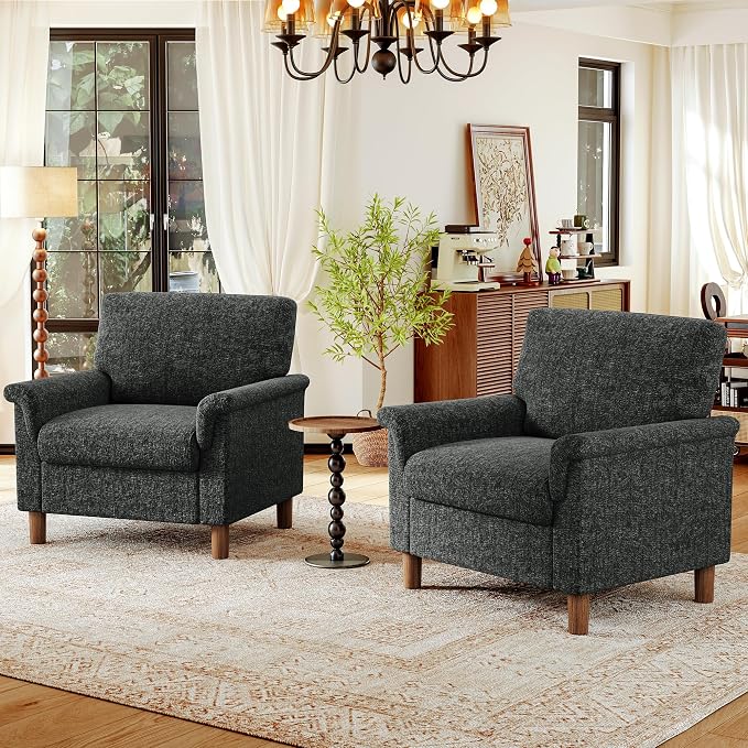 Mid Century Modern Accent Chairs Set of 2, Chenille Comfy Living Room Arm Chairs by ErdoruLiving