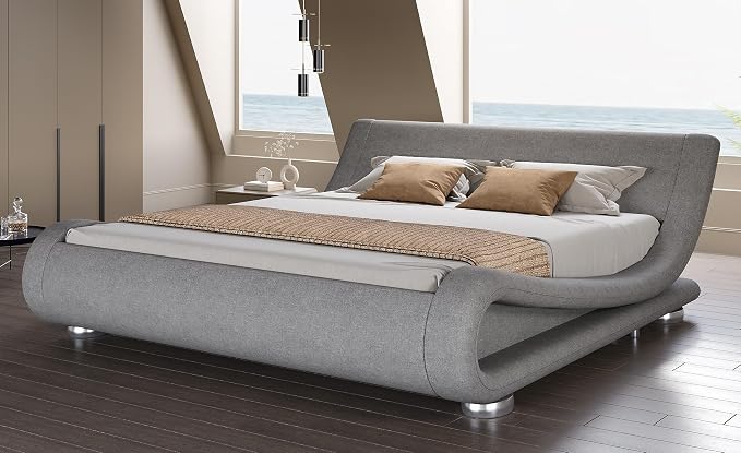 SHA CERLIN King Size Upholstered Bed Frame, Deluxe Low Profile Sleigh Bed by SHACERLIN